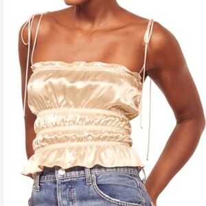 Reformation Viviana Silk Camisole Top Women Small Ivory Smocked Tie Shoulder Top